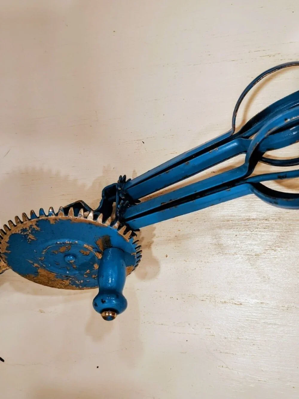 Vintage Blue A&J Super Center Drive Egg Beater Wood Handle Hand Mixer USA